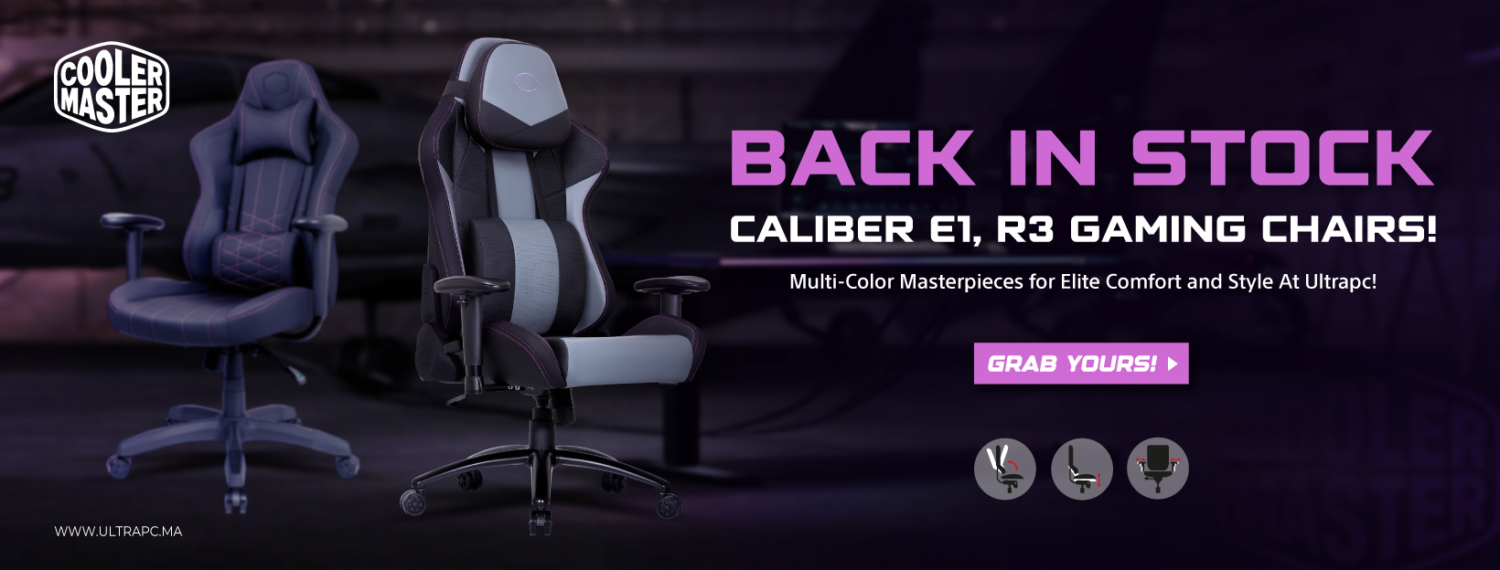 COOLER MASTER GAMING CHAIRS CALIBER E1 AND R3 BANNER, COOLER MASTER, ULTRAPC.MA, BANNER